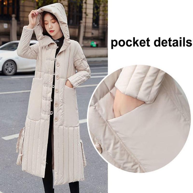 Winter Women's Down Jacket Retro Folk Style Thick Warmth Long Padded Hooded Over-the-knee Windbreaker Jacket