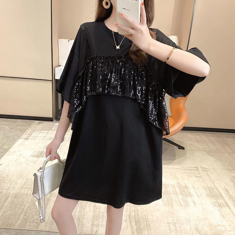 Shiny Sequins Women summer Dress Girl Loose O-Neck short Sleeve Casual Long T-shirt Dress Loose
