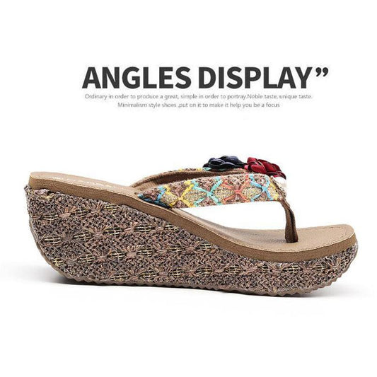 High-heeled Fashion Non-slip Sandals and Slippers Women's Summer Seaside Beach Shoes Thick-soled Holiday Outer Wear Clip-on Flower Flip-flops