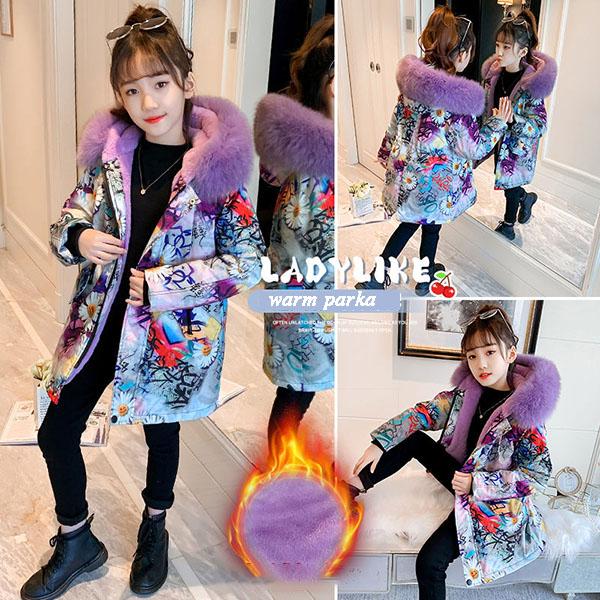 Kids Printed Fur Parkas for  Girls Winter Thick Warm Hooded Faux Fur Coat Unisex  Parka Jacket with Faux Fur Collar Outwear