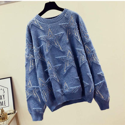 Stars Pattern Knitted Sweater Autumn Winter Jacquard Round Neck Long Sleeved Loose Sweater