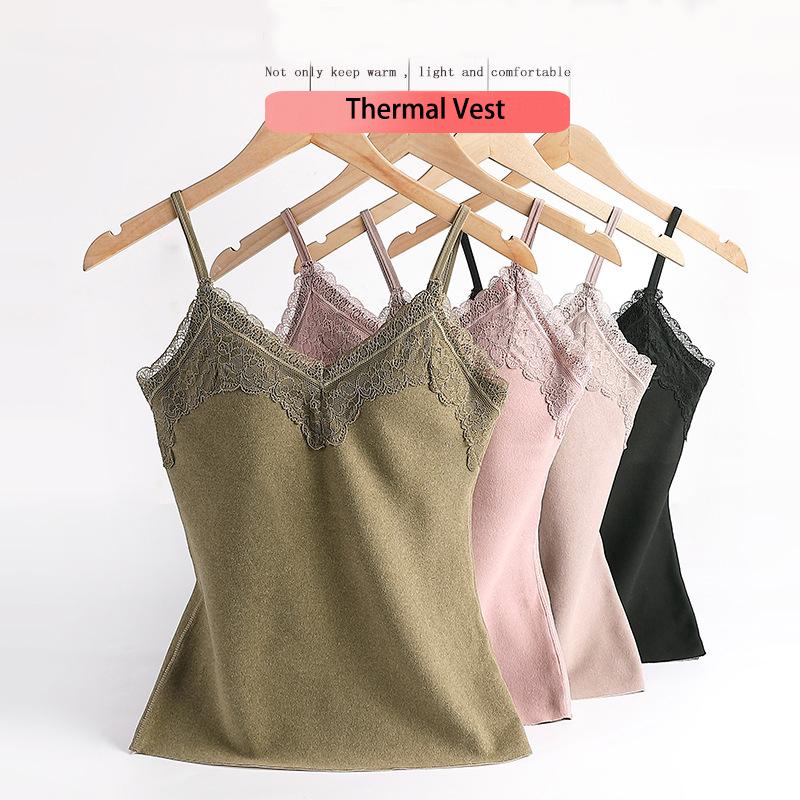 Thermal Underwear Women Velvet Vest Sexy Winter Thermals Sleeveless Body Tops Slim Solid V Neck Lace Inner Wear with Pad Fashion