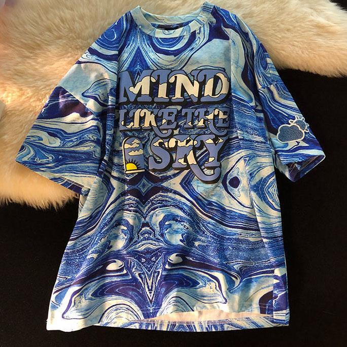 Women Summer T-shirt Water Ripple Print Short Sleeve T-shirt Streetwear Tie Dye Funny Loose Round Collar Casual T-shirt