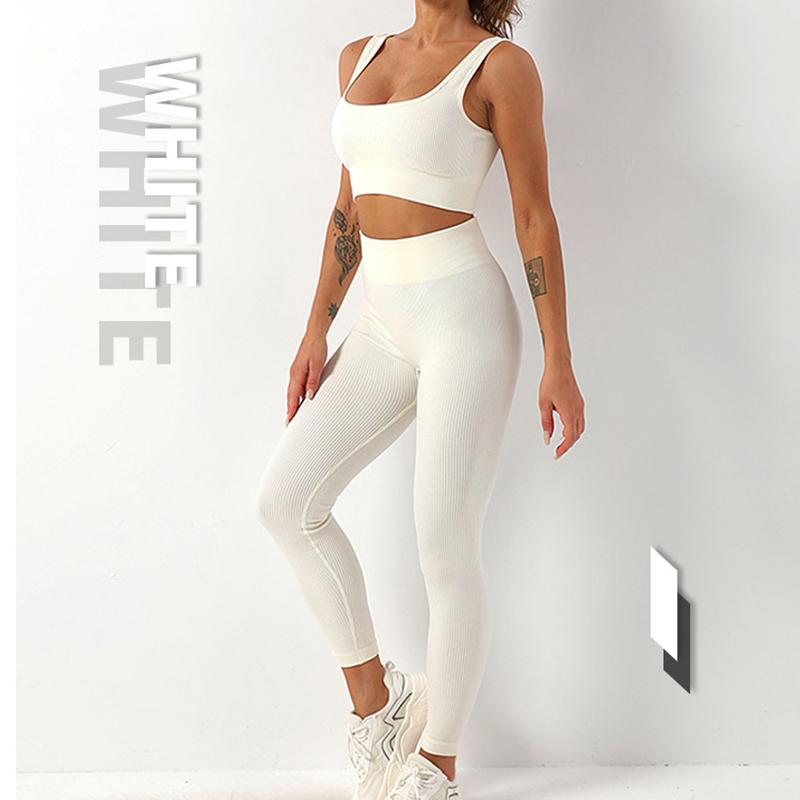 2PCS Threaded Sports Fitness Yoga Clothes Double Straps Beautiful Back Shockproof Bra Seamless Yoga Pants Set Gym Bodybuilding Bodysuits