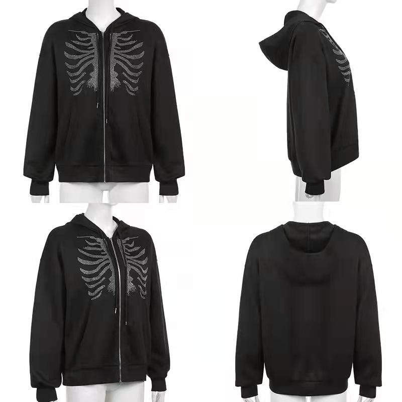 Y2K Rhinestone Skeleton Zip Up Oversized Sweatshirts Summer Goth Hoodies Women Grunge Hooded Jacket Streetwear Retro Clothe