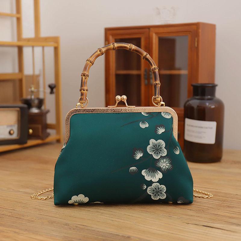 Ethnic Style Women Silk Flowers Printing Handbag Messenger Dual Purpose Exquisite Elegant Doctor Bag