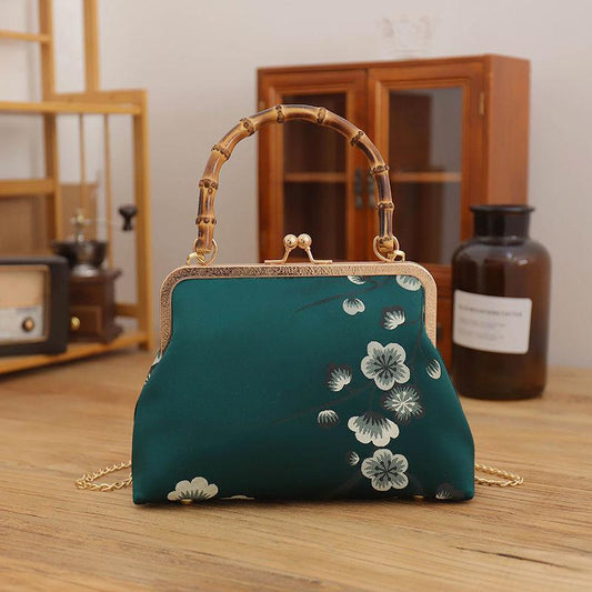 Ethnic Style Women Silk Flowers Printing Handbag Messenger Dual Purpose Exquisite Elegant Doctor Bag