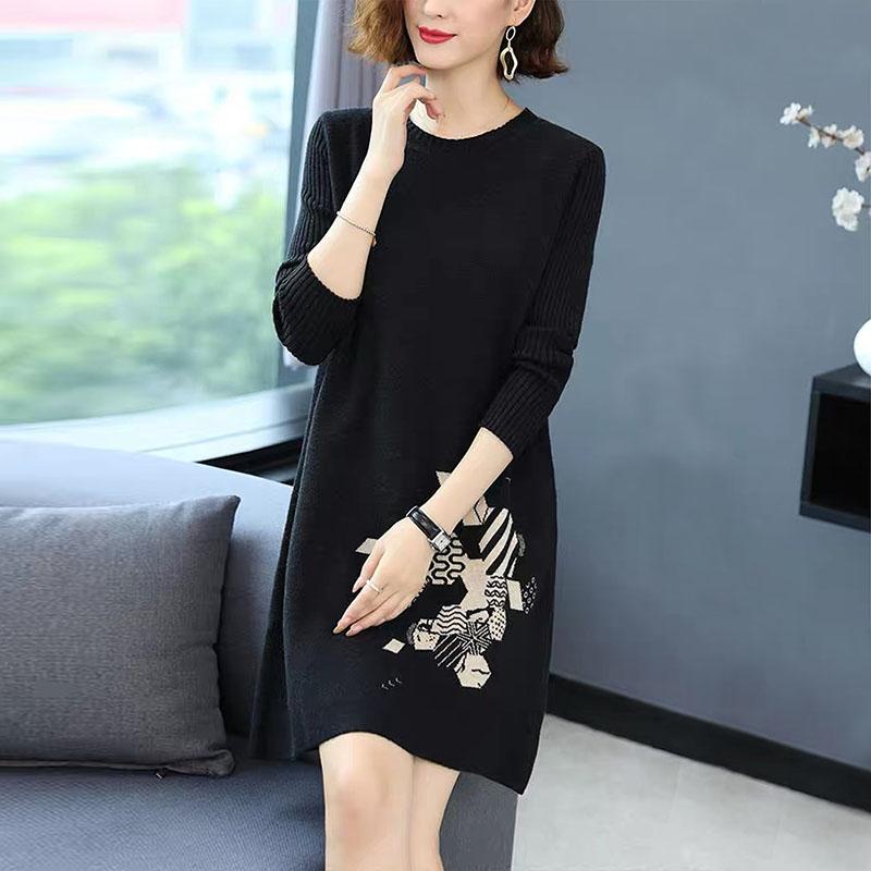 Autumn and Winter Loose Mid-length Dress Large Size Casual Printing Base Skirt Temperament Middle-aged Women Sweater Dress
