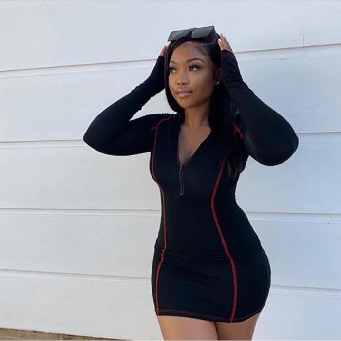 Women's Tight-fitting Stretch Collar Zipper Long-sleeved Dress Daily Wear Office Dating Soprt