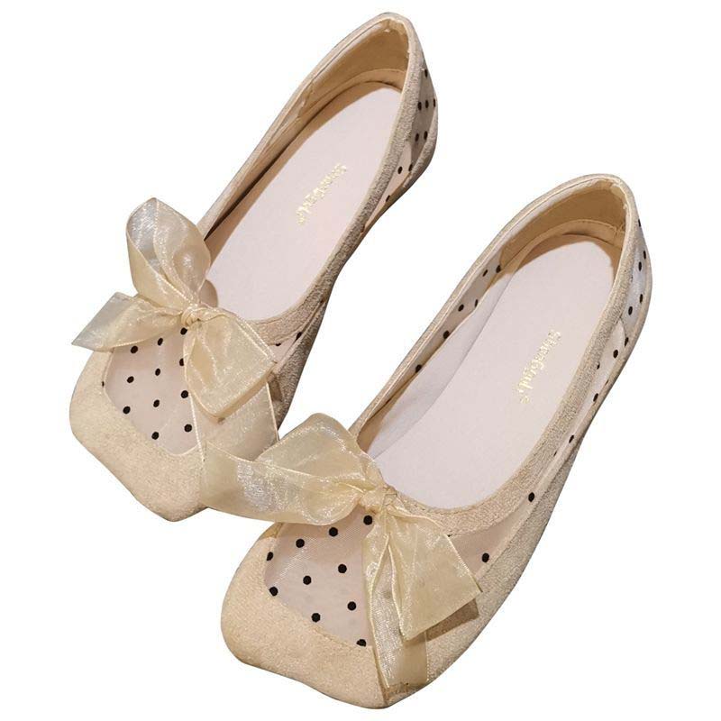 Spring and Summer Ballet Shoes Female Square Head Polka Dot Mesh Flat Mary Jane Shoes Fairy Style Lace Lace