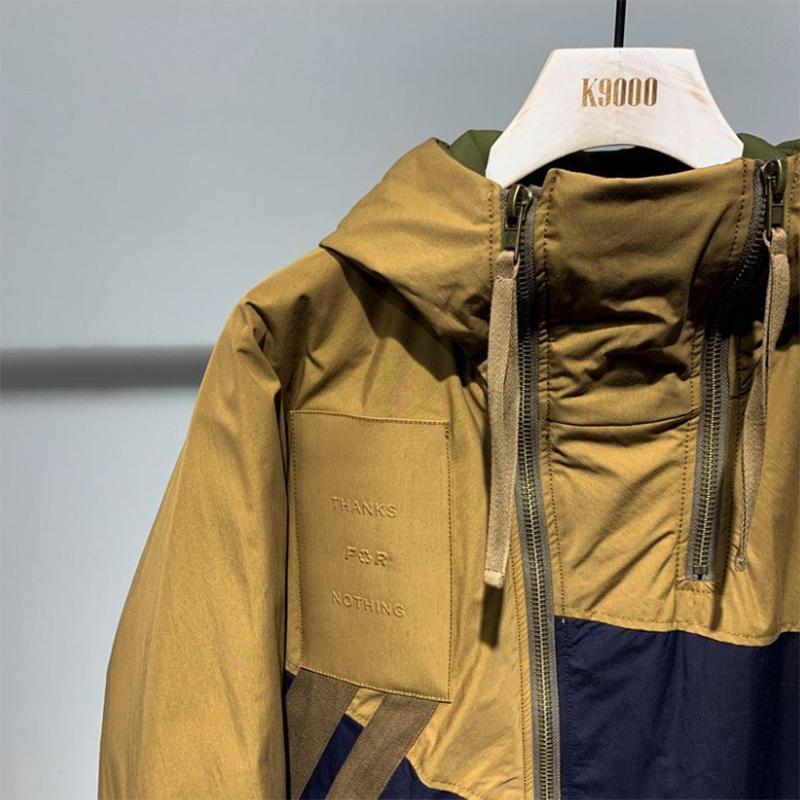 Retro Contrast Color Stitching Men's Jacket Oblique Placket Hooded Cotton-padded Jacket Handsome Padded Jacket