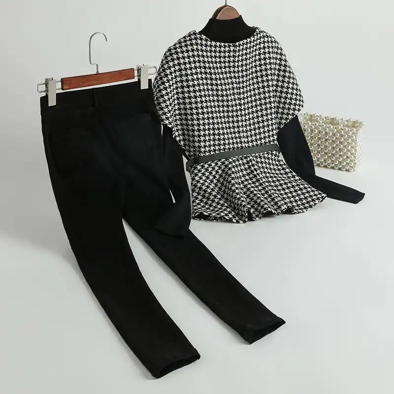 Mature Royal Sister Suit Female Wild Houndstooth Vest + Leggings + Belt Three-piece Elegant Black and White Suit