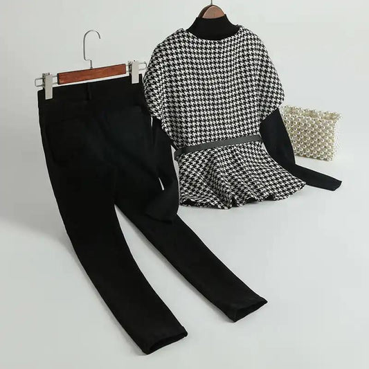 Mature Royal Sister Suit Female Wild Houndstooth Vest + Leggings + Belt Three-piece Elegant Black and White Suit