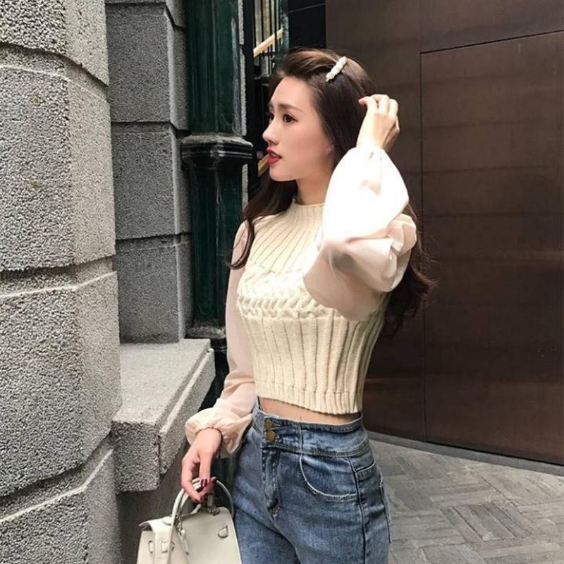 Pofulove Temperament Half Turtleneck Short Sweater Chiffon Lantern Long Sleeve Paneled Sweater