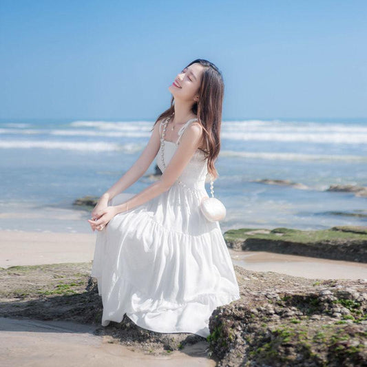 Summer Slim Sling One-shoulder Dress Women's Long Skirt Big Pendulum Little Black Dress Beach Holiday Dress Sexy Cute Dress