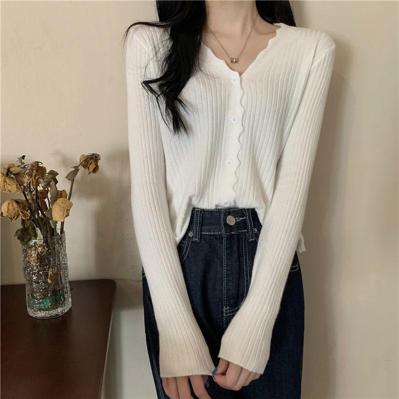 Early Autumn V-neck Sweater Long-sleeved Cardigan Sweater Small Coat All-match Female Gentle Wind Ladies Slim Pure Color Simple Top