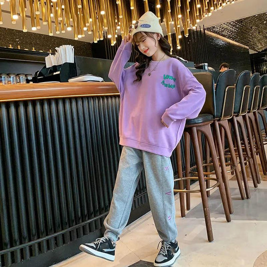 Pullover Round Neck Sweater Casual Loose Sports Pants Soft and Comfortable Skin-Friendly Breathable Simple Girls Spring and Autumn Suit