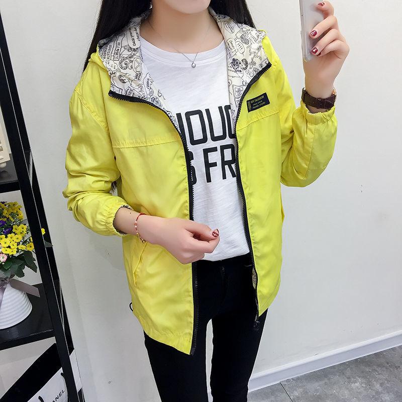 Women's Jacket Spring Summer Pocket Zipper Hooded Two Side Wear Outwear Coat Loose Plus Size Windbreaker Jackets Famale