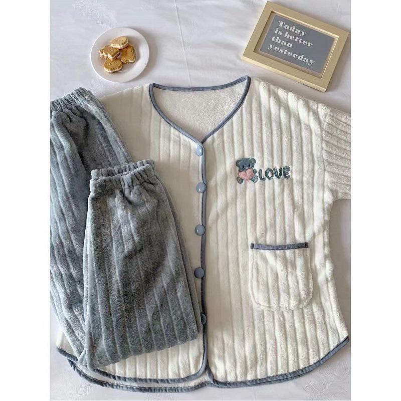 Women's Winter Thickened Coral Fleece Pajamas Set Flannel Cute Sweet Bow Printing Stripes Cardigan Winter Suit Homewear Long Sleeves Sleeping Suit