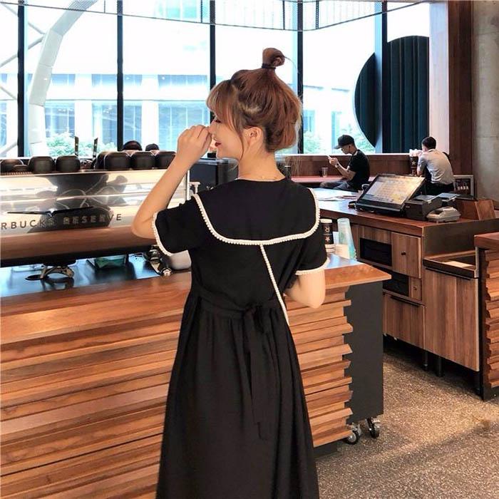 Pofulove S-4XL Women Plus Size O-neck Black Dress Loose Slim Sweet Short-sleeved Cheongsam Dress