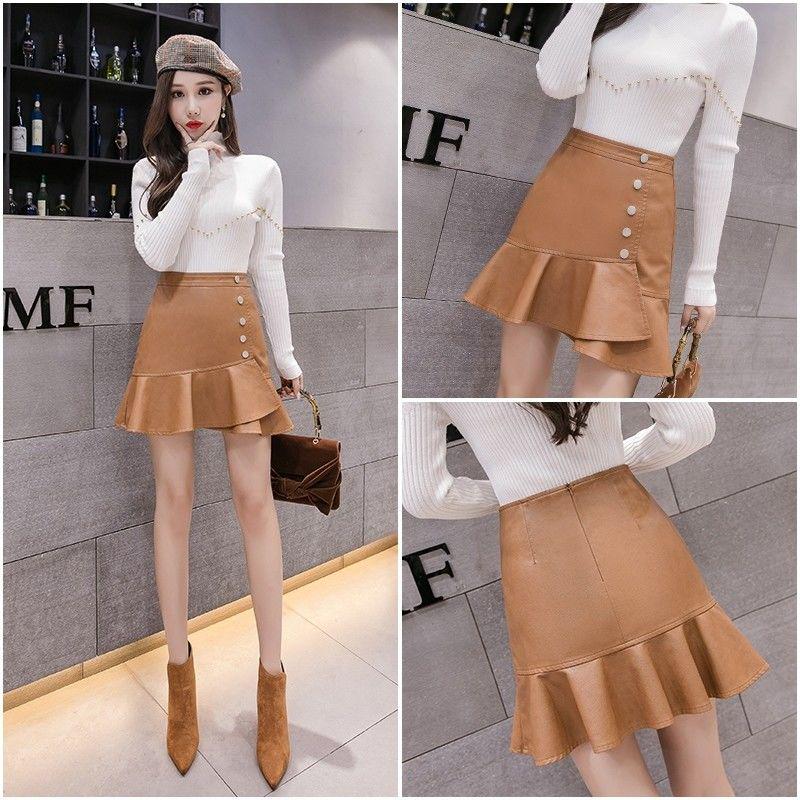 Vintage Elegant Black PU Skirts Women Faux Leather Bud Skirts Pleated Ladies Sexy Party Short Skirts