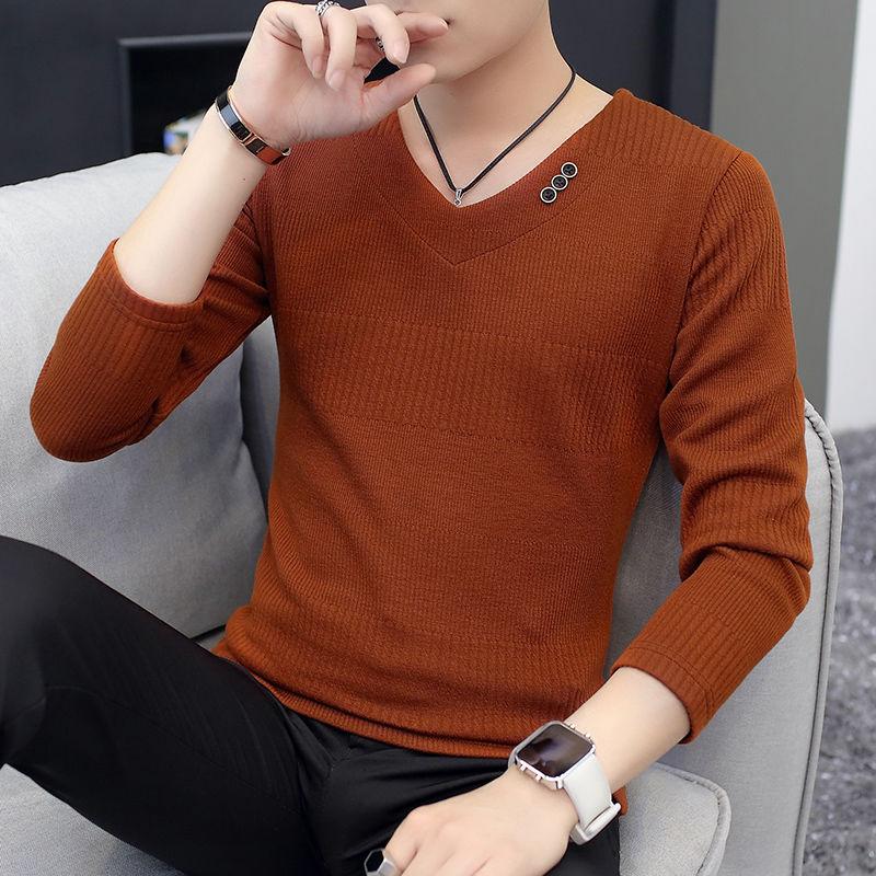Men's Long-sleeved T-shirt Winter Warm Solid Color Bottoming Shirt Men's Knitted V-neck Outer Top