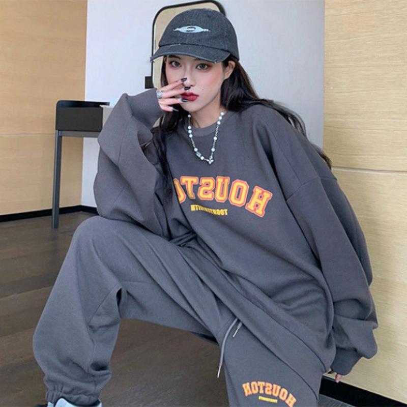 Large Size Casual Solid Color Leggings Two-piece Set Women's Extra-large Long-sleeved Loose Sports Sweater Pants Suit