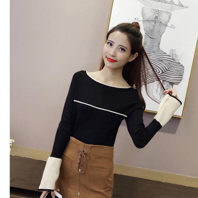 Pofulove flared sleeves hit color wild round neck jumper long sleeve bottoming sweater women