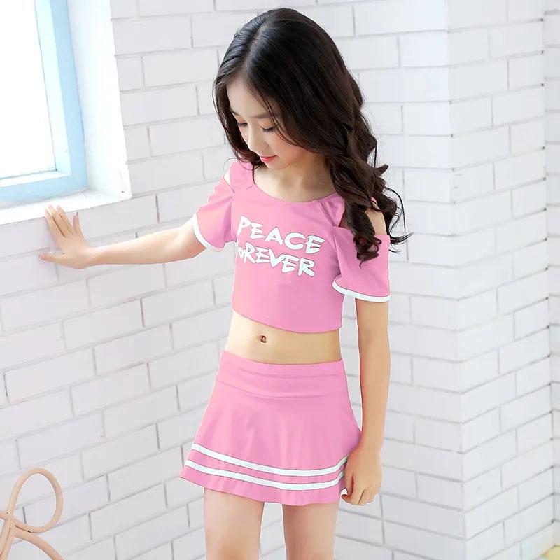 Girls Sports Swimwear Off-the-shoulder Pleated Skirt Separate Swimsuit Summer Kids Girls Beachwear Bathing Suit Bikini Dress Set