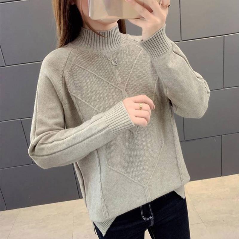 Women White Short Half-high Collar Pullover Sweater Office Loose Thick Solid Sweatshirts
