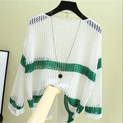 Loose Ice Silk Sunscreen Tops Thin Hollow Knitted Blouses Women's Casual Tops Personality Hollow Color Matching Sweet Pullovers