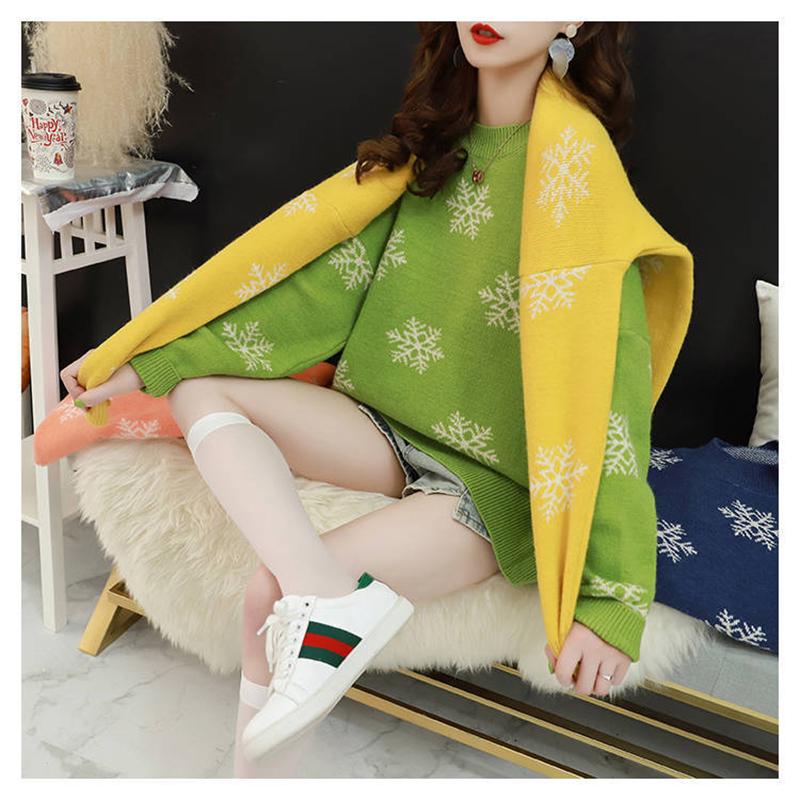 Pofulove Snowflake Polka Dot Sweater Solid Color Loose Round Neck Pullover Lazy Wind Shirt Sweater