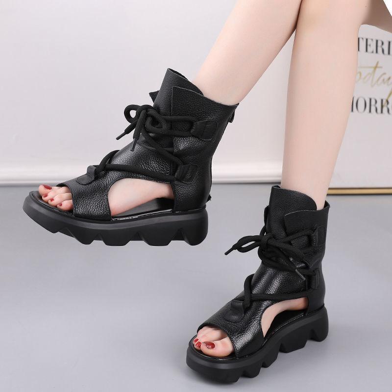 Soft Leather Women's Sandals Spring and Summer Platform Women's Shoes Fish Mouth Flat Roman High-top Sandals