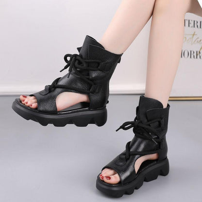 Soft Leather Women's Sandals Spring and Summer Platform Women's Shoes Fish Mouth Flat Roman High-top Sandals