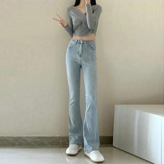 High Waist Slimming High Elastic Chic Hong Kong Flavor Retro Micro Jeans Female Autumn and Winter Repair Straight Speaker Mopping Trousers