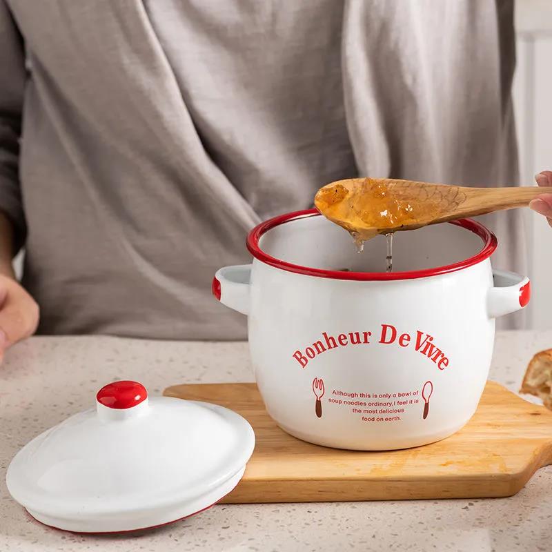 Nordic Enamel Health Small Stew Pot Dessert Bird's Nest Stew Pot Binaural Small Soup Pot with High Fat Pot Complementary Food Pot