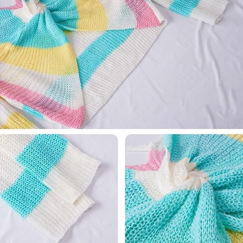 Western Style Spring and Autumn Clothes V-neck Cross-navel Short Loose Knit Sweater Rainbow Long-sleeved Sweater