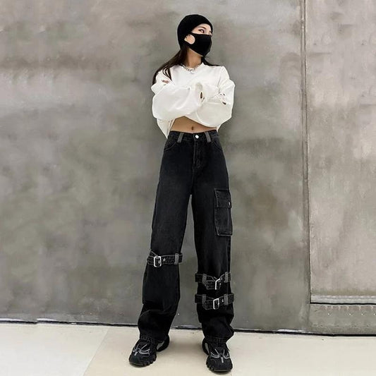 Black Baggy Cargo Pants Tripp Pants - Grunge Goth High Waist Denim Jeans - Wide Leg Punk Mall Goth Trousers