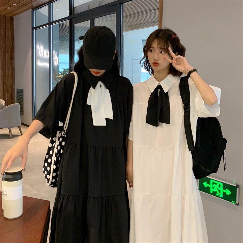 Cute Sweet Girl Bow Ruffle College Style Mid-length A-shaped Skirt Age Reduction Looser  Short Sleeve Dress