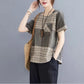 Cotton Linen Retro Literary Top Summer Plaid Loose Girls T-shirt All-match Fashion Short-sleeved Gown