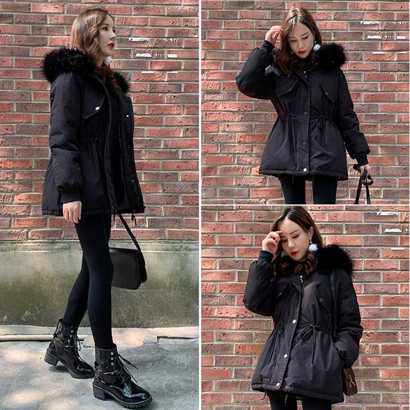 Women's Solid Color Hooded Down Jacket Regular Korean Loose Thick Coat Warm Cotton Coat Large Leather Collar Winter Coat Quilted Coat