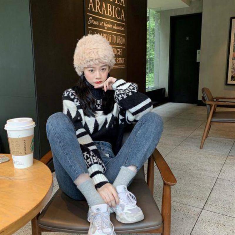 Pofulove Autumn Winter Loose Retro Short Sweater Women Thick Pullover Students Long Sleeve Women