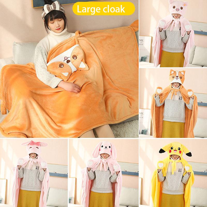 Cartoon Lazy Nap Blanket Shawl Cloak Cloak Office Air Conditioning Blanket Coral Fleece Cover Leg Blanket Soft and Warm Double-sided Plus Fleece