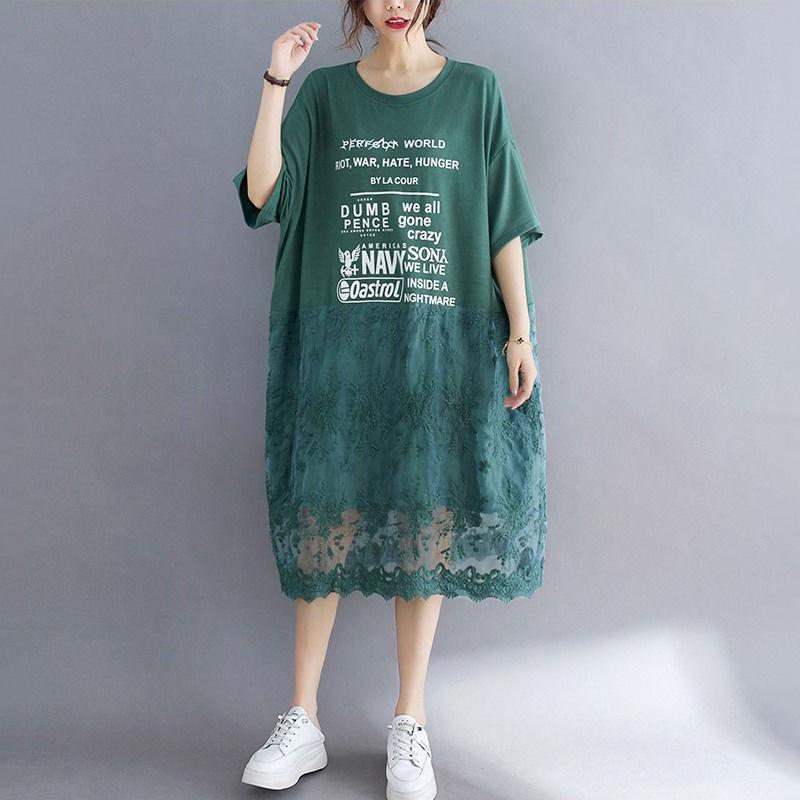 WTEMPO Plus Size Women Dress Summer Lace Round Neck Long Dress Casual Mid-calf Length
