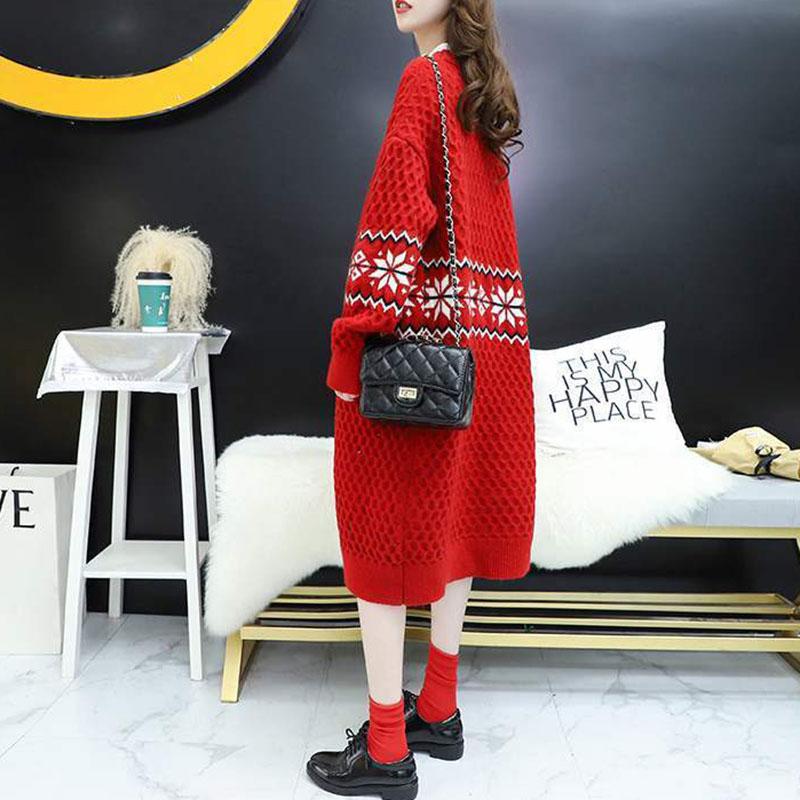 Autumn and Winter Leisure Wool Knit Sweater Loose Long Over The Knee Top Elegant Jacquard Pattern Sweater Coat