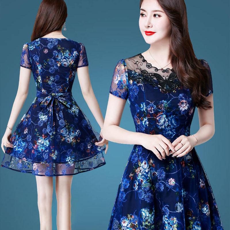 Fashion Summer Embroidered Dress Midi Embroidery Mesh Lace Dress Short Sleeve Party Dress