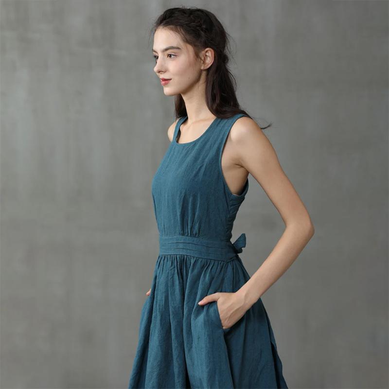 Cross Back Linen Dress, Drawstring Waist Slim Temperament Large Swing Skirt,maxi Dress, Sleeveless Dress, Layered Linen Dress, Apron Dress