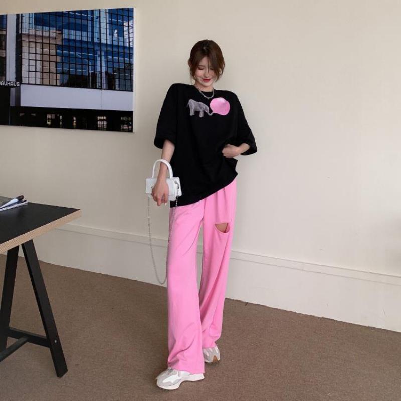 Summer Thin Straight Hole Casual Sports Pants Female Student Korean Version Loose and Thin Drape Mopping Trousers