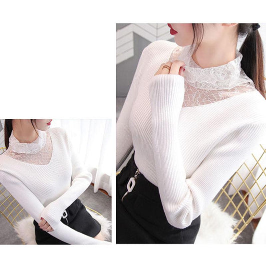 Spring and Autumn Korean Sweater Lace Collar Knitted Knitted Bottoming Shirt Long Sleeve Slim Thin Young Women's Top