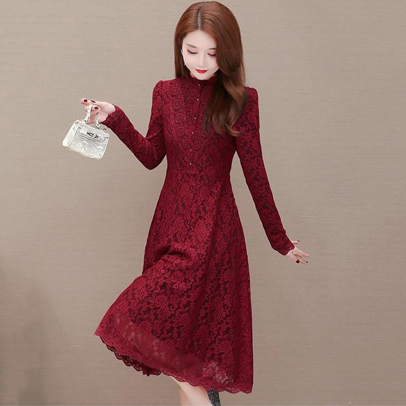 Lace Dress Autumn and Winter Temperament Long-sleeved Bottoming Skirt Waist Slim A-line Mid-length Ladies Dress
